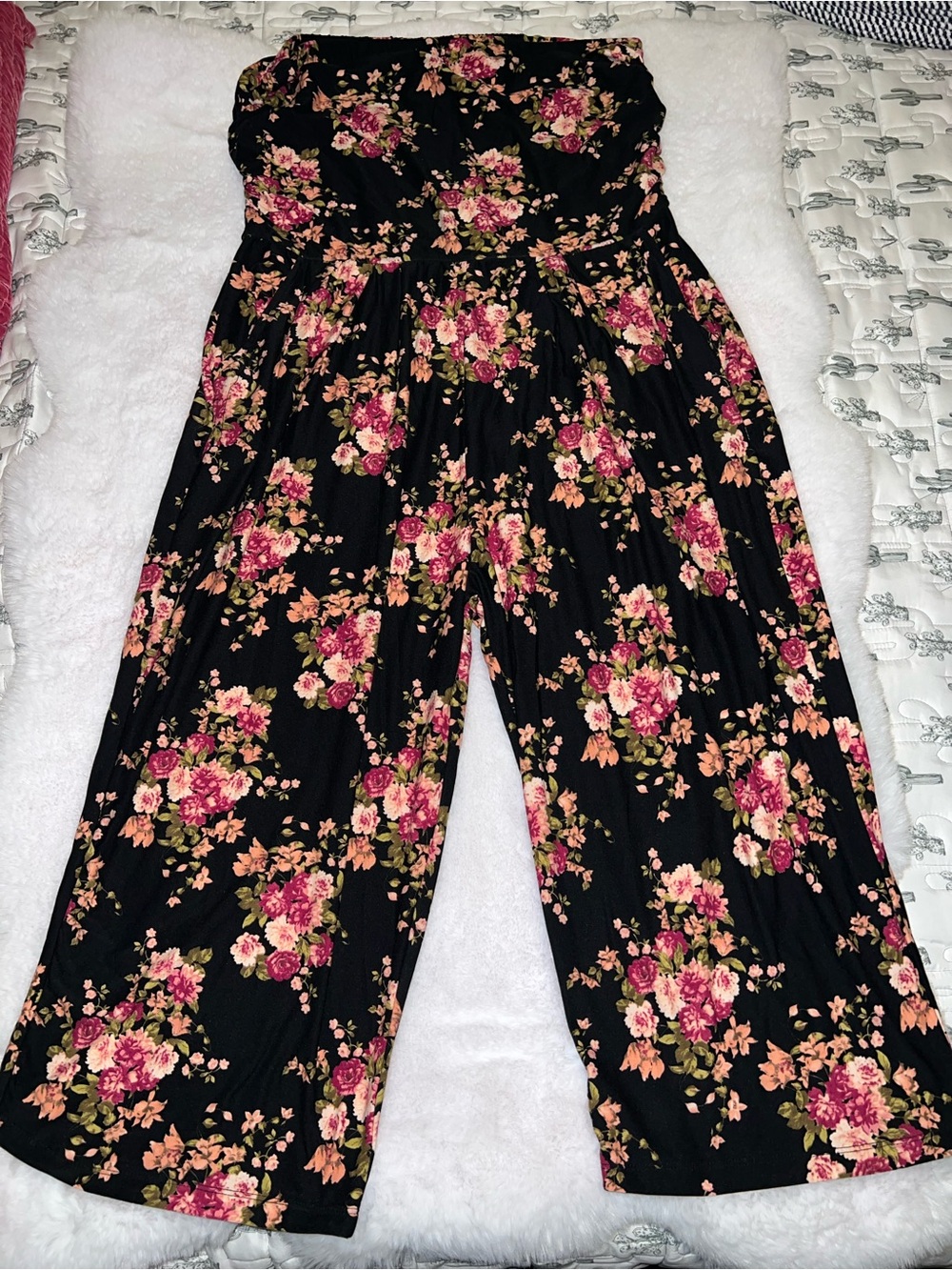 J for Justify Black Strapless Floral Jumpsuit with Pink & Peach Blooms